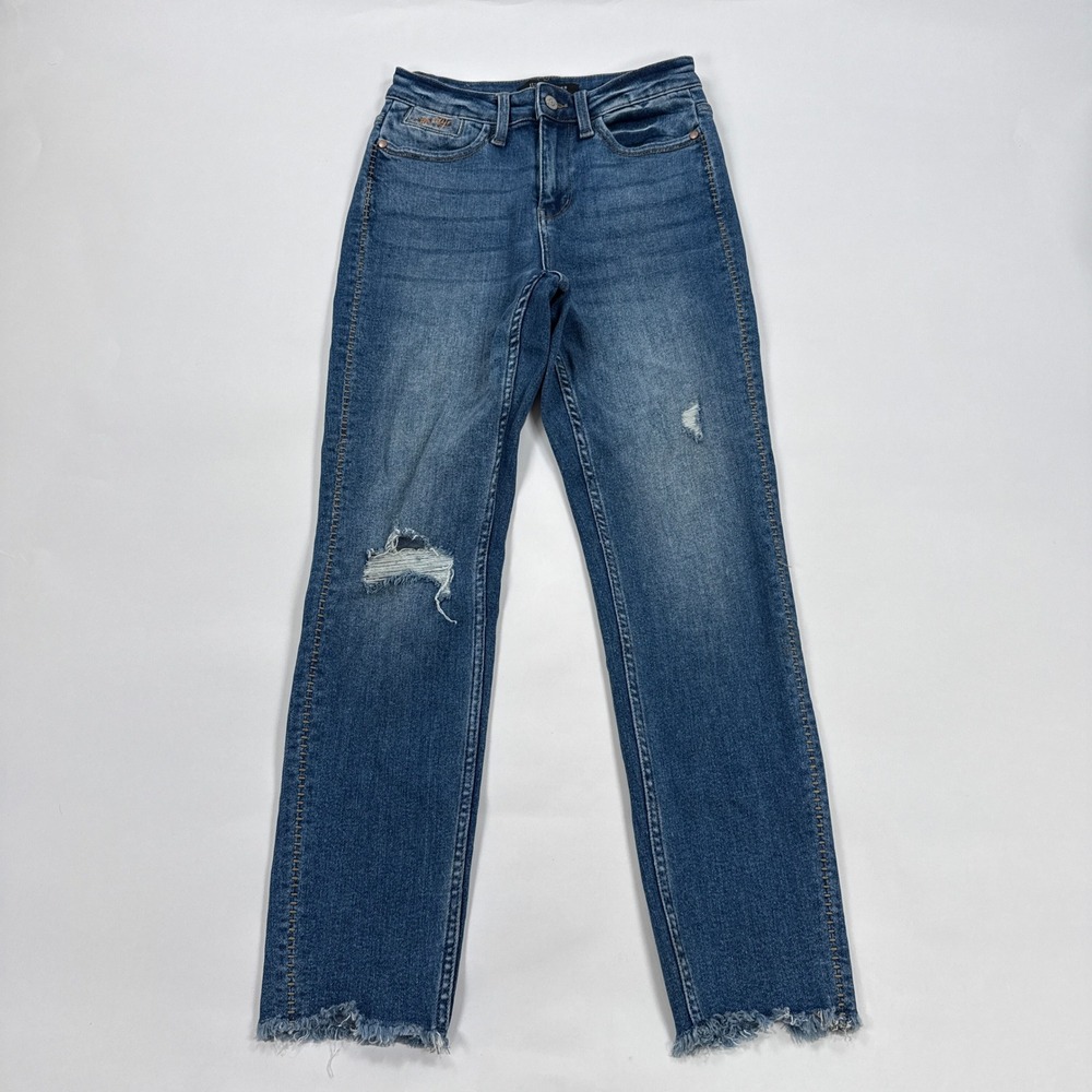 Judy Blue Womens Jeans 0/24 Blue Distressed Boyfriend Fit Raw Hem Stretch Denim